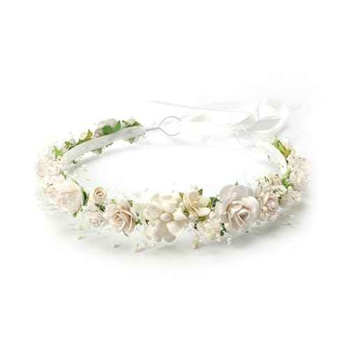White Flower Girl Crown with Baby's Breath Headpiece Young Girl Communion Floral Hair Wreath Rustic Wedding Hair Accessories Headband for Child(43cm length)
