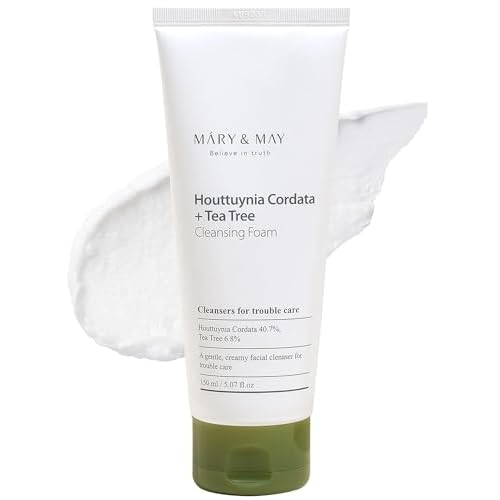 Mary&May Houttuynia Cordata + Tea Tree Deep Clean Foam (40.7% Heartleaf + 6.8% Tea Tree) ? Rich Cream Foam Pore Cleanser with Hyaluronic Acid, Korean Face Wash for Oily Sensitive Skin ? 5.07 fl oz