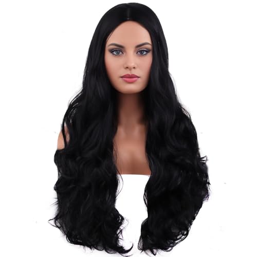 RightOn Long Wavy Black Wig for Women - Heat-Resistant 26"