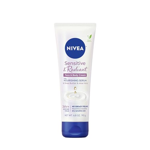 NIVEA Sensitive and Radiant Face and Body Cream for Dry, Sensitive Skin, Vegan Body and Face Moisturizer with Shea Butter and Aloe Vera, 6.8 Oz Tube