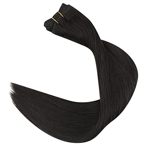 Full Shine Hair Extensions Weft Real Human Hair Black Sew in Hair Extensions #1B Off Black 24inch Weft Extensions Human Hair Weave Bundles Brazilian Hair Double Weft Long Straight 105g