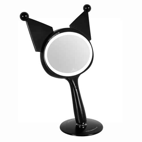 Impressions Vanity Kuromi LED Handheld Makeup Mirror for Desk, Lighted Travel Makeup Mirror with Detachable Standing Base, Ultra Bright Adjustable Lighting and Kuromi Figural Shaped Design