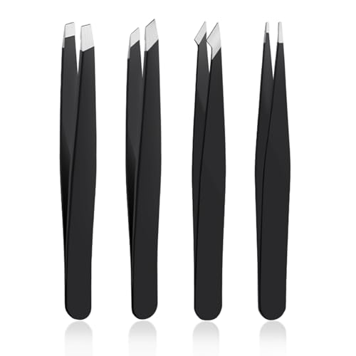 Black 4-Piece Stainless Steel Tweezers Set - Precise Eyebrow and Craft Tweezers