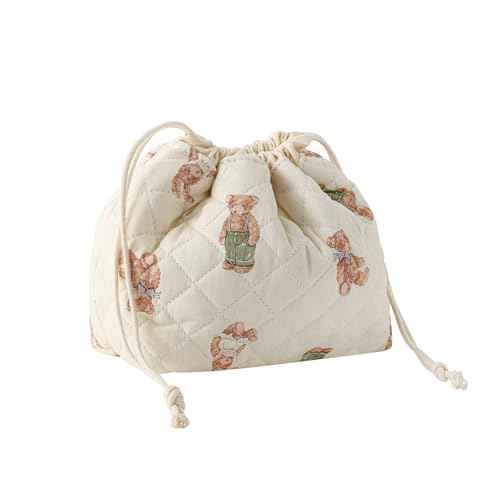 Cotton Quilted Drawstring Makeup Bag with Canvas Lining,Coquette Aesthetic Cute Travel Toiletry Bag,Drawstring Gift Bag for Women and Girls£¨04White Bear£©