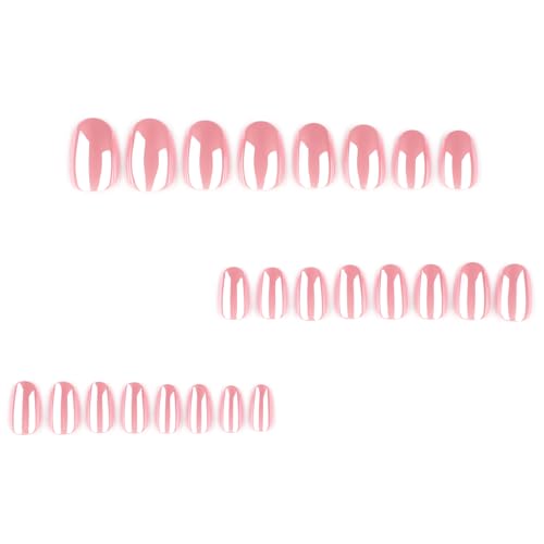 Chrome Pink Press On Nails - Short Square Glossy Gel Kit, 24 Pcs