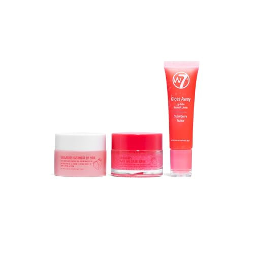 W7 Sweet Dreams Lip Care Trio - 3 Piece Set - Overnight Lip Mask, Lip Balm & Lip Scrub - Strawberry