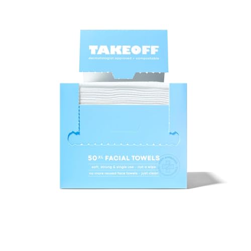 Takeoff Face Towels, 10"¡¿12" XL Face Disposable + Compostable Towelettes, Ultra Soft Makeup Remover Dry Wipes, Thick Face Towel w/Dual Texture For All Skin Types incl. Sensitive, 50 Count (1 Pack)