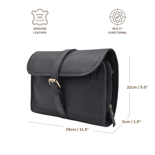 Genuine Buffalo Leather Hanging Toiletry Bag with Waterproof Lining for Men & Women Handcrafted Vintage Distressed Brownn Leather Dopp Kit, Travelling Kit (Black)