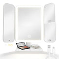 Jesmaikor White 3-Panel Lighted Makeup Mirror with 1x/2x/3x Magnification, 180° Rotating, Rechargeable