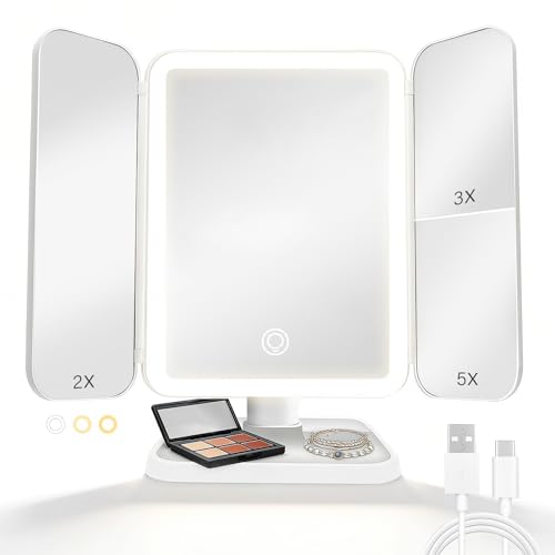 Jesmaikor White 3-Panel Lighted Makeup Mirror with 1x/2x/3x Magnification, 180° Rotating, Rechargeable