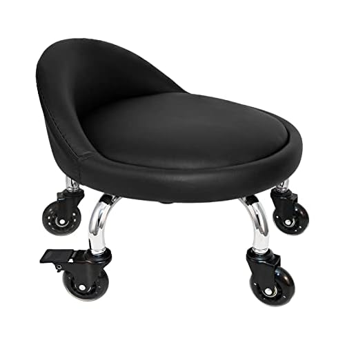 Rolling Stool with Backrest 450 Lbs High Weight Capacity PU Leather Roller Seat and Heavy-Duty Crystal Universal Wheels for Men Women Boy Girl Furniture Gift, Home Office Black