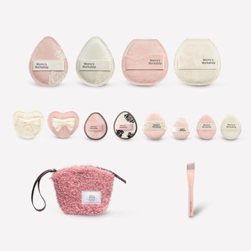 Momo's Workshop Rose Series Makeup Sponge & Brush Set, 13-Piece Beauty Puffs Kit with Beauty Pouch, High-Density Rubycell & Velour Puffs for Foundation, Concealer, Powder