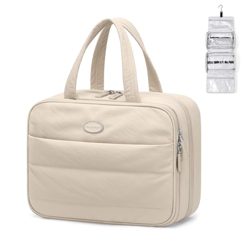 Travel Toiletry Bag with Jewelry Organizer,Hanging Toiletry Bag Carry-on Puffy Cosmetic Make up Bag Organizer for Travel Accessories,Essentials,Toiletries,Apricot