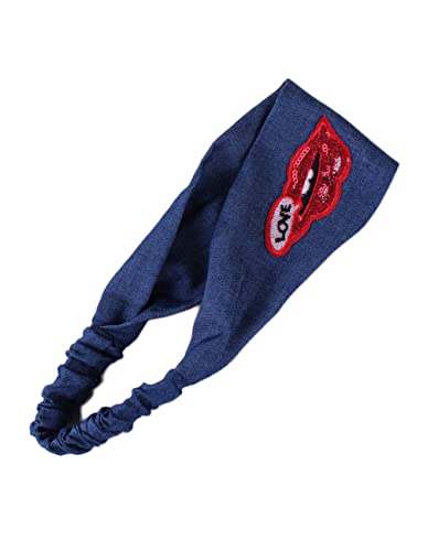 Blue Denim Turban Headband Women Blue Jeans Hair Band Girls Blue Jean Denim Headwear BW44 (Red Lip-Dark Blue)