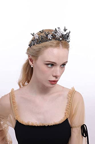 Yunyuebridal Bridal Crown Baroque Pearl Rhinestone Crown And Tiara Butterfly Hairband Wedding Hair Accessories Princess Crown Bride Tiaras (BLACK)