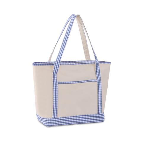 Canvas Gingham Tote Bag with Zipper & Pockets