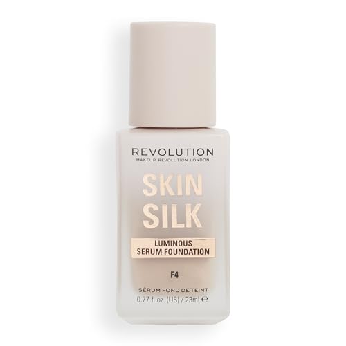 Revolution Skin Silk Radiant Satin Serum Foundation, Lightweight, Buildable Coverage with Hydrating Hyaluronic Acid for a Natural Finish, Vegan & Cruelty-Free, F4 Light Skin Tones, 0.77 fl oz
