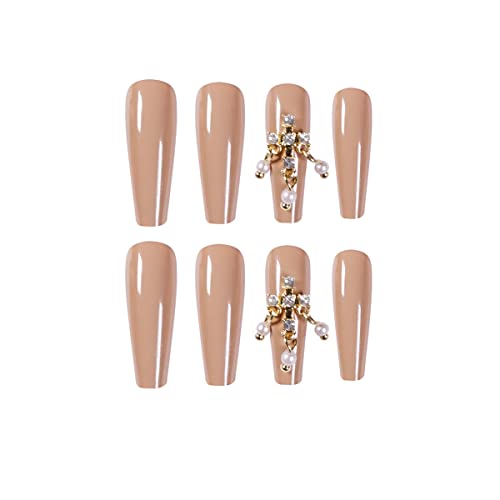 Glamyboo 24Pc Long Coffin Press On Nails with 1.5g Glue | False Nails for Women | Luxury Matte/Glossy Rhinestone Design Full Cover DIY Do-It-Yourself Fake Nails | Glue+ File+Cuticle Pusher Included (Glossy Beige 3D Rhinestone Pearl Cross)