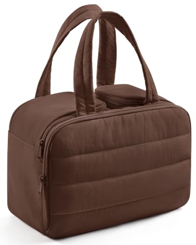 Travel Toiletry Bag Organizer with Dual Compartments, Coffee Brown