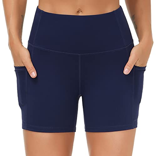 THE GYM PEOPLE High Waist Yoga Shorts for Women's Tummy Control Fitness Athletic Workout Running Shorts with Deep Pockets (Small, Blue)