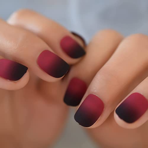 Dark Red Black Gradient Press On Nails Short Squoval False Nails Women Girls Nail Art Tips Full Cover Reusable Salon Beauty Fake Fingernails Datechable Manicure Acrylic Nails