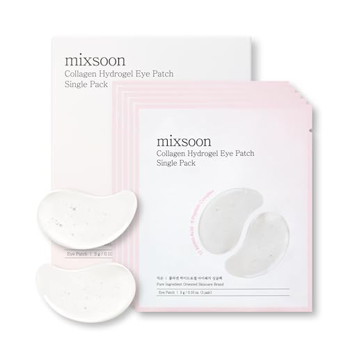 mixsoon Collagen Hydrogel Eye Patches Single Pack Travel Size Hydrating Gel Eye Mask with Collagen, Peptides and Amino Acids for Under Eye Skin Care 3g*5 pairs(eatch pack) Korean Glass Skin Care