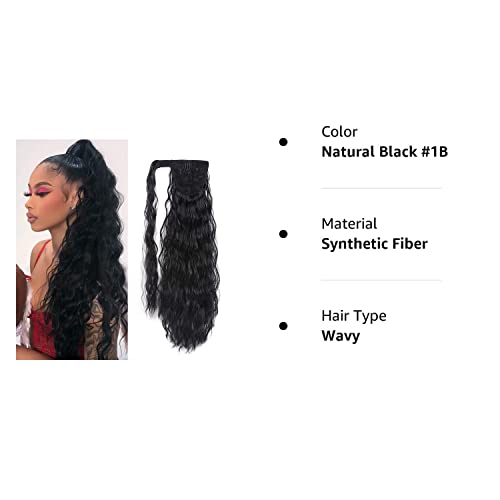 YEAME Corn Wave Ponytail Extension Clip in - 22 Inch Long Wavy Curly Wrap Around Pony Tail Heat Resistant Synthetic Hairpiece for Women (Natural Black #1B)