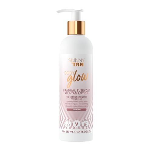 Skinny Tan Body Glow Gradual Tan Lotion - Lightweight, Fast-Absorbing Formula - Coconut and Vanilla Scent - Enriched with Aloe Vera and Guarana - Natural, Streak Free Gold Color - Medium - 9.4 oz