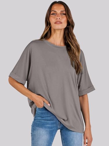 ANRABESS Women's Oversized T Shirts Short Sleeve Crewneck Summer Tops Casual Loose Basic Tee Shirts 2024 Trendy Clothes Brwon Small