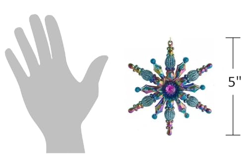 The Bridge Collection Peacock Inspired Snowflake Ornaments, Set of 2 Blue Green and Purple Snowflakes for Peacock Themed Christmas Tree