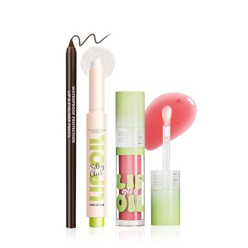 Brown Lip Liner Waterproof Lip Kit with Lips Oil Gloss Plumper Jelly Lips Balm Clear Shimmer Combo,Moisturizing Lipstick Tinted Lipoil Lightweight Non Sticky Liquid Lipstick Women Makeup Gift-Set 02