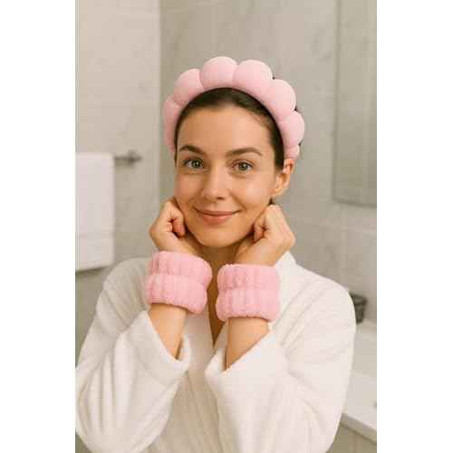 5?Piece Spa Set ? Pink Facial Headbands with Hair Clip & Wristbands ? One?Size Beauty & Skincare Accessory Kit for Makeup, Skincare, Face Washing