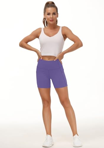 THE GYM PEOPLE High Waist Yoga Shorts for Women's Tummy Control Fitness Athletic Workout Running Shorts with Deep Pockets Bright Purple