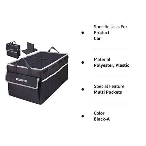 Homeve Trunk Organizer for Car, Collapsible Storage Box, Trunk Storage Organizer, 3 Compartment, Multi Pockets, Suitable for Any Car, SUV, Mini-Van Model Size, Black