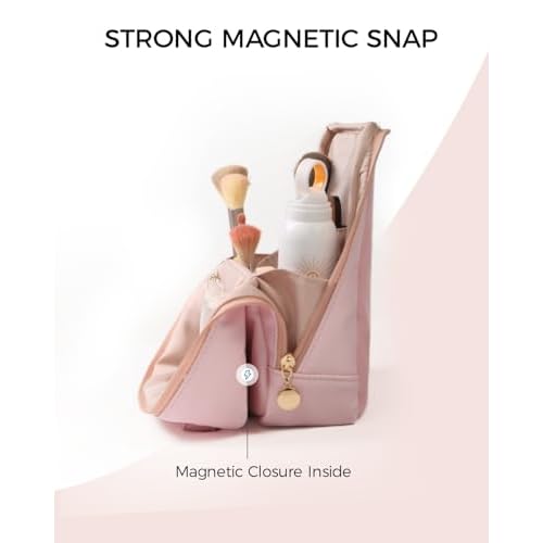 Large Standing Makeup Bag, Sturdy PU Leather Cosmetic Organizer with Fold-Down Phone Tray, Waterproof Travel Toiletry Case with Wipeable TPU Brush Holder, 9.5 Inch, Pink