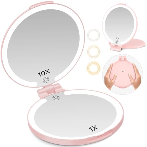 FUNTOUCH 7-Inch Rechargeable Travel Makeup Mirror with 10X Magnification & LED Light, Pink