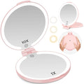 FUNTOUCH 7-Inch Rechargeable Travel Makeup Mirror with 10X Magnification & LED Light, Pink