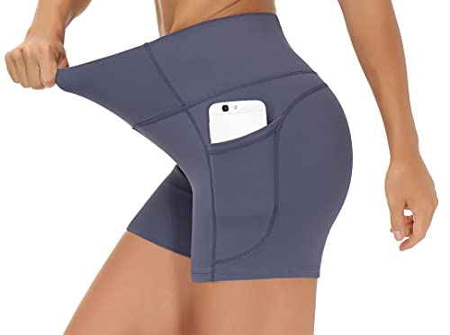 THE GYM PEOPLE High Waist Yoga Shorts for Women Tummy Control Fitness Athletic Workout Running Shorts with Deep Pockets (Small, Ink Blue)