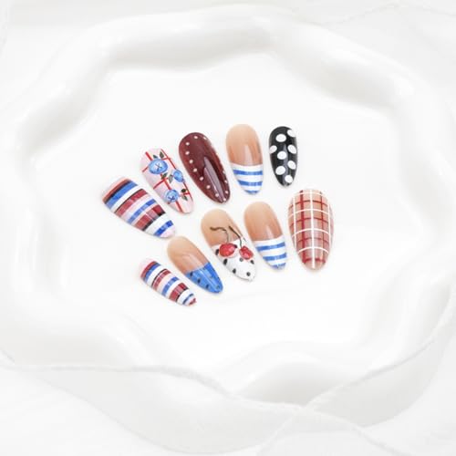24Pcs Red White and Blue Press on Nails Medium Length Almond Y2k Fake