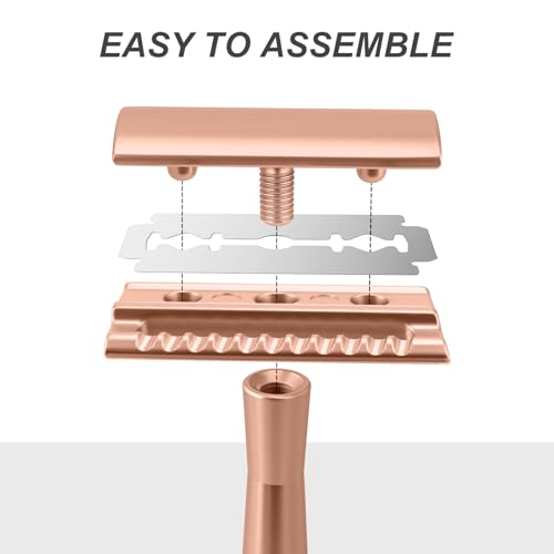 Safety Razor for Men & Women - Double Edge Single Blade Razor with 10 Blades, Reusable One Blade Razor for Close Shave (Mens & Womens Razor, Eco-Friendly)-Rose gold