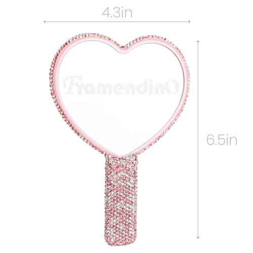 Framendino, 1 Pack Rhinestone Handheld Mirror Heart Bling Glitter Cosmetic Dazzling Portable Hand with Handle for Women (Pink)