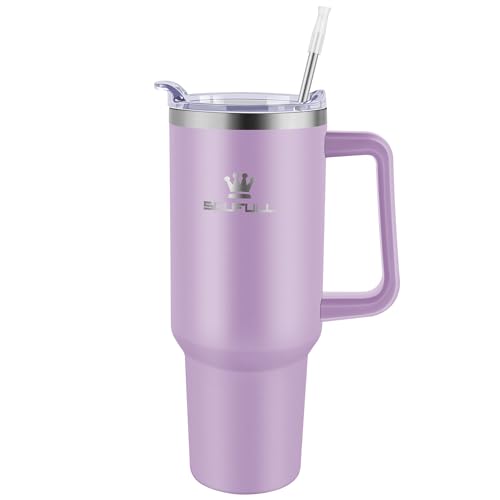 40 oz Tumbler with Handle and Straw Lid, 100% Leak-proof Travel Coffee Mug, Stainless Steel Insulated Cup for Hot Cold Beverages, Keeps Cold for 34Hrs or Hot for 10Hrs, Dishwasher Safe (LightPurple)