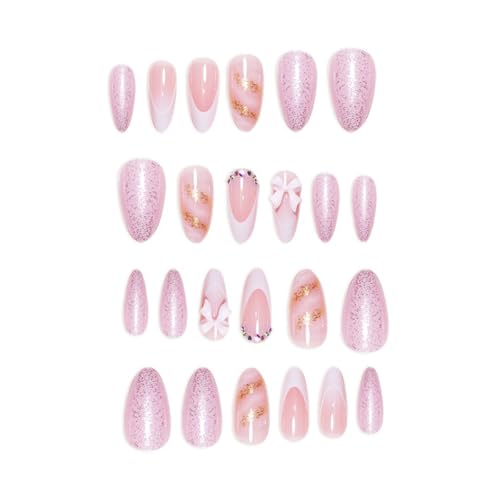 YIHONGYAN Style A13 Medium Almond Pink French Press-On Nails Kit with Charms, Full Cover Fake Nails for Women