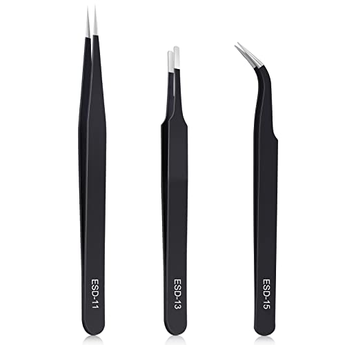 Kaverme 3PCS Precision Tweezers Set - Anti-Static Stainless Steel for Electronics & Crafts