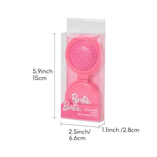 MINISO Barbie Portable Folding Mirror Comb for On-The-Go Styling | Compact Travel Hair Brush with Mirror | Fits in Pocket, Purse, Makeup Bag, Backpack | Detangling Comb for Women Quick Touch Ups
