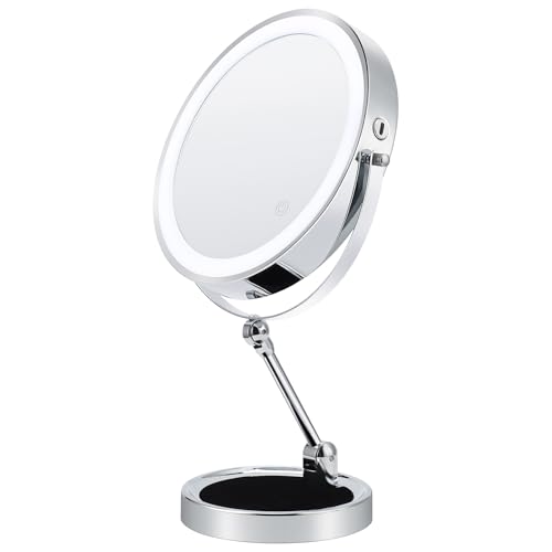 9" Lighted Makeup Mirror,1X/10X Magnifying Vanity Mirror with Height & Brightness Adjustable,Rechargable Makeup Mirror,360¡ÆRotation Double Sided Standing Desk Mirror (Polish Chrome)