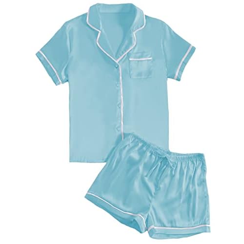 LYANER Women's Satin Silky Short Sleeve Button Shirt Sleepwear 2Piece Pajama Set