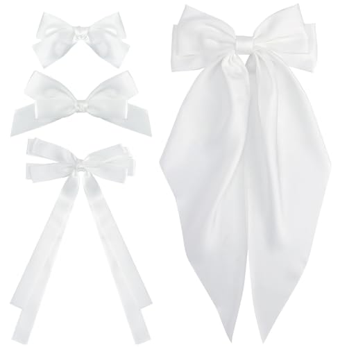 Atoden White Hair Bows for Women Girls 4 Pcs Silky Satin Hair Ribbons Oversized Long Tail Bow Hair Clips Hair Barrettes Alligator Metal Clips Big Bowknot Cute Hair Accessories Wedding