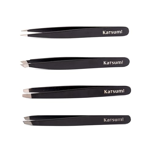 Katsumi Pinnacle 4-Piece Tweezers Set ? Precision Stainless Steel Tweezers for Eyebrows, Facial Hair, Ingrown Hair, Splinters, Hair removal Tweezer for Men & Women, Professional Tweezer Kit (Black)