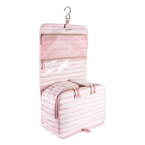 kate spade new york Hanging Toiletry Bag, 8.5" x 12.75" x 6" Travel Organizer with Gold Hook, 2 Large Bottle Compartments, Mesh & Clear Pockets, Nylon & Mesh (Goddess Stripe)